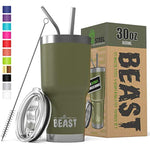 BEAST 30 oz Tumbler Stainless Steel Insulated Coffee Cup with Lid, 2 Straws, Brush & Gift Box by Greens Steel (30 oz, Army Green)