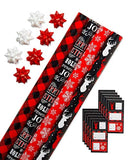 American Greetings Christmas Bulk Gift Wrapping Paper Set with Gridlines and Bows and Gift Tags; Red, Black and White, Plaid, Script, Reindeer and Snowflakes