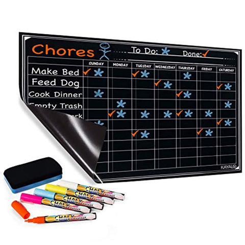 Chore Chart with 5 Chalk Markers for Multiple Kids - Magnetic Dry Erase Refrigerator Calendar Chalkboard for Activity and Reward - Reusable Home Family Star Board for Responsibility - 17" x 12"