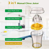 Manual Citrus Orange Squeezer, Lemon Orange Juicer Manual Hand Squeezer with 2 Lid Rotation Press Reamers, 20 oz, Transparent Brown, 1 Cleaning Brush by Sarissa