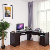 Tangkula 66" × 66" L-Shaped Desk, Corner Computer Desk, with Drawers and Storage Shelf, Home Office Desk, Sturdy and Space-Saving Writing Table,Brown