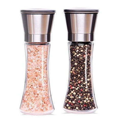 Premium Salt and Pepper Grinder Set of 2 - Brushed Stainless Steel Manual Salt Mill and Pepper Mill; 6 oz Tall Refillable Glass Body; 5 Grade Adjustable Ceramic Rotor; Salt & Pepper Shaker - by SWNKI