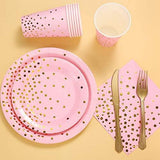 Duocute White and Gold Party Supplies 150Pcs Golden Dot Disposable Party Dinnerware Includes Paper Plates, Napkins, Knives, Forks, 12oz Cups, Banner, for Bridal Shower, Engagement, Wedding, Serves 25