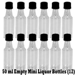 Mini ROUND Plastic Alcohol 50ml Liquor Bottle Shots + Caps (12)