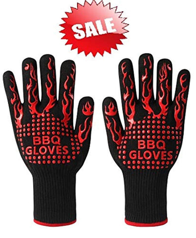 BBQ Gloves, Grill Gloves Oven Gloves 932°F Extreme Heat Resistant Gloves Heavy Duty Grill Cooking Gloves for Men, Women, Outdoor, Barbecue (Black/Red)