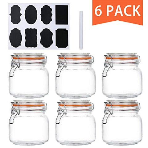 Encheng 25 oz Glass Jars With Airtight Lids And Leak Proof Rubber Gasket,Wide Mouth Mason Jars With Hinged Lids For Kitchen Canisters 750ml, Glass Storage Containers 6 Pack …