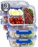 [LIFETIME LIDS 6 PACK] LARGE Premium 6 Sets 3 Compartment Glass Meal Prep Containers 3 Compartment with Snap Locking Lids, BPA-Free, Microwave, Oven, Freezer, Dishwasher Safe (4.5 Cup, 36 Oz,)