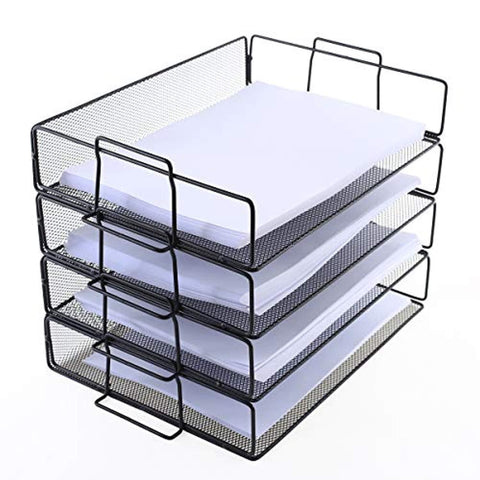 4 Tier Stackable Paper Tray - Metal Mesh Office File Organizer for Desk Printer Letter Teacher Paper Black Color by DeElf