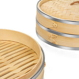 Flexzion Bamboo Steamer Basket Set (10 inch) with Stainless Steel Banding 50x Steamer Liners and 2 Pairs of Chopsticks, Chinese Steamer for Cooking Food