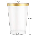 12 oz Gold Rimmed Plastic Cups-100 pack | Clear Disposable Cups with Golden Rims | Drinking Party Supplies | Glassware for Wedding Reception, Baby Shower, and Parties