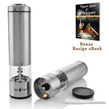 Battery operated Salt and Pepper Grinder set - 2 Electric pepper mill grinders - Stainless Steel - Carry Stand - LED light - Adjustable Coarseness - Automatic salt n pepper shakers by Culinary Wizards