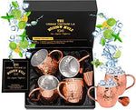 Set of 4 Moscow Mule Copper Mugs with Stainless Steel Lining and Shot Glass in Gift Box, Premium Food Safe Double Wall Heavy Copper Cups for Everyday Use