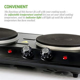 OVENTE BGS102B Countertop Electric Double Cast-Iron Burner with Adjustable Temperature Control, 7 & 6 Inch, Metal Housing, Indicator Light, Non-Slip Rubber Feet Black