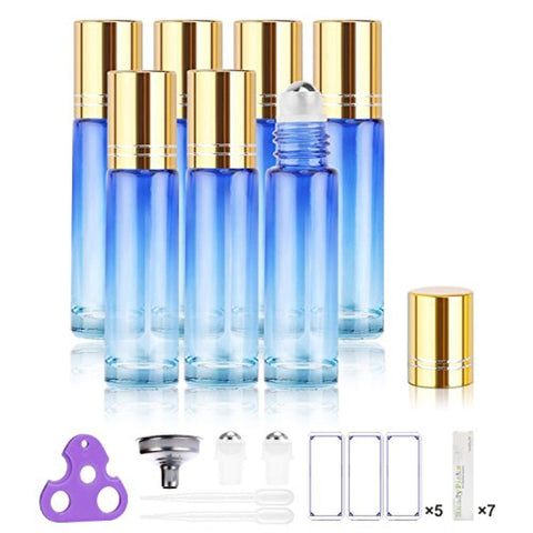 Essential Oil Roller Bottles 10ml (Gradient Blue, Glass, Pack of 6) - Stainless Steel Roller, Individual Package per Bottle, Opener n Labels Included - Handy Picks