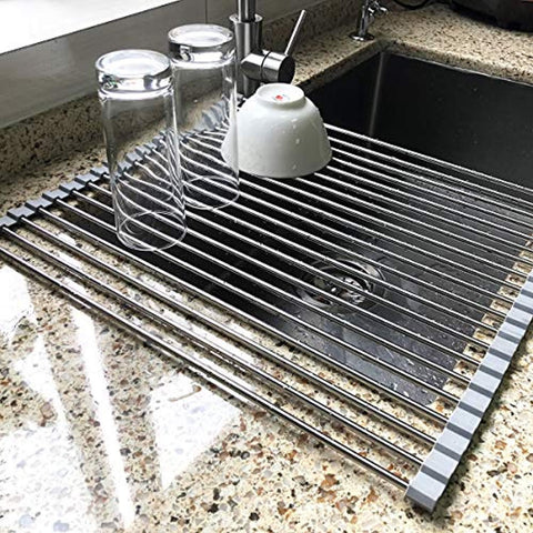 17.7" x 15.5" Large Dish Drying Rack, Attom Tech Home Roll Up Dish Racks Multipurpose Foldable Stainless Steel Over Sink Kitchen Drainer Rack for Cups Fruits Vegetables