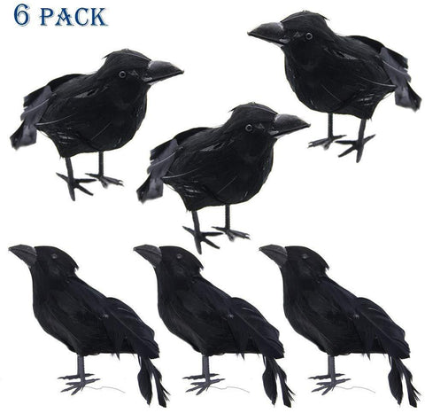 ATDAWN Halloween Black Feathered Crows, Realistic Looking Halloween Decoration Birds, 6 Pack