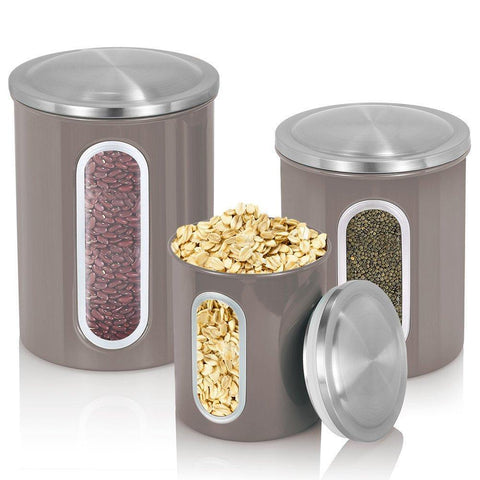 FC Airtight Window Kitchen Canister, Stainless Steel Canister Sets with Anti-Fingerprint Lid, Cereal Container Set of 3 (Warm grey)