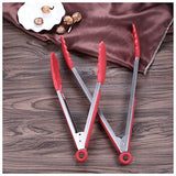 Cooking Tongs, Wik Suang Heat Resistant Kitchen Tongs, Stainless Steel With Silicone Heads, Non Stick Locking Tongs, Good Grips Barbecue Tongs (Red)