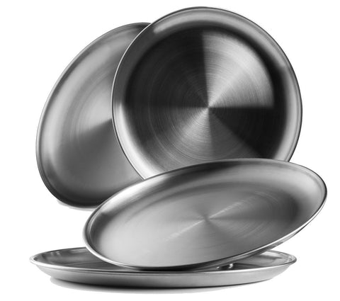 Reusable Brushed Metal 18/8 Dinner Plates- Vintage Quality 304 Stainless Steel Silver Color Heavy Duty Kitchenware Round Metal 9 Inch Plates | Dishwasher Safe | BPA Free| Use for BBQ Steak (4 Pack)