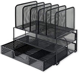 SimpleHouseware Mesh Desk Organizer with Sliding Drawer, Double Tray and 5 Upright Sections, Black