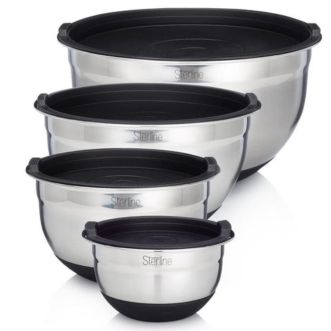 Sterline Stainless Steel Mixing Bowl Set of 4 w/Lids, Non-Slip Mixing Bowls .75, 1.5, 3, 5-Quarts w/Measurement Displayed Inside, Small-Large Nesting Bowls, Cooking and Kitchen Essentials, Silver