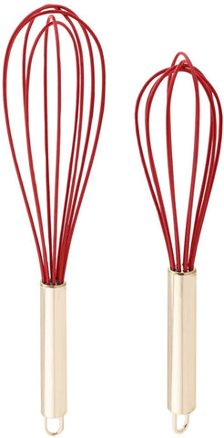 TEEVEA  Set of 2 Whisks, 10” and 12” Beaters, Stainless Steel and Silicone – Gold and Red