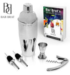 5 Piece Deluxe 24 Oz. Cocktail Shaker Bar Set by Bar Brat ™ / Bonus 130+ Cocktail Recipes (ebook) / Jigger, 2 Pour Spouts, Waiters Corkscrew/Mix Any Drink to Perfection