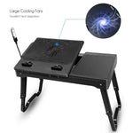 Laptop Table for Bed-Moclever Multi-Functional Laptop Bed Tray with 2 Independent Laptop Stands-Foldable Adjustable to 2 Different Heights-Internal Cooling Fan for Laptop Desk-LED Desk Lamp-4 Port USB