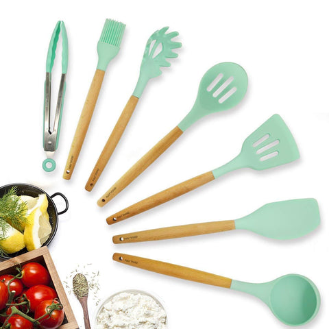 Kitchen Utensil Set Silicone Cooking Utensils, 11pcs Premium Non-stick Natural Beech Wooden Handle, BPA Free Cookware Protect Gift for Mom Family by BINLAN