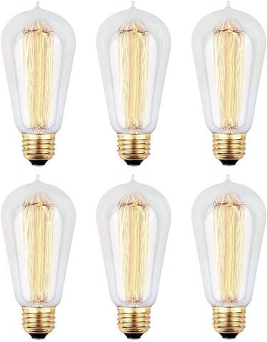 6pcs Edison Bulbs, KinHom 60 Watt Dimmable Vintage Incandescent Light Bulb - E26 Base - Clear Glass - Tear Drop Top - Classic Squirrel Cage Filament Lamp - ST58