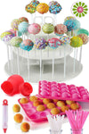 COMPLETE CAKE POP MAKER KIT - Jam packed with silicone cakepop baking mold, 120 lollipop sticks, candy and chocolate melting pot, decorating pen, bags, twist ties & 3-Tier display stand holder