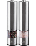 Electric Salt and Pepper Grinder Set - Battery Operated Stainless Steel Mill with Light (Pack of 2 Mills) - Electronic Adjustable Shakers - Ceramic Grinders - Automatic One Handed Operation