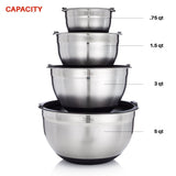 Sterline Stainless Steel Mixing Bowl Set of 4 w/Lids, Non-Slip Mixing Bowls .75, 1.5, 3, 5-Quarts w/Measurement Displayed Inside, Small-Large Nesting Bowls, Cooking and Kitchen Essentials, Silver