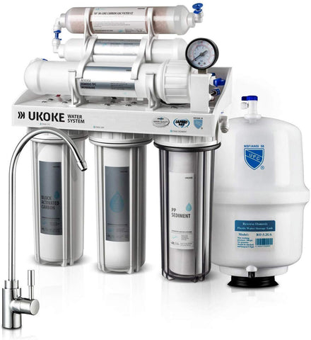 Ukoke RO75GP 6 Stages Reverse Osmosis Water Filtration System, Under Sink pH+ Alkaline Remineralizing RO filter & Softener, NSF/ANSI 58 & IAPMO Platinum Seal Certified, 75 GPD, White with Pump