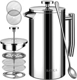 BAYKA French Press Coffee Maker, Stainless Steel 34oz Double-Wall Metal Insulated Coffee Tea Makers with 4 Level Filtration System, Rust-Free, Dishwasher Safe