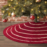 LimBridge Christmas Tree Skirt, 48 inches Knitted Rustic Stripe Thick Heavy Yarn Knit Xmas Holiday Decoration, Burgundy and Cream