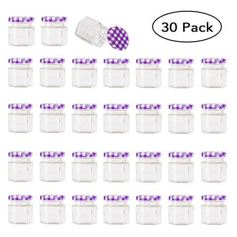 Encheng 1.5 oz Clear Hexagon Jars,Small Glass Jars With Lids(golden),Mason Jars For Herbs,Foods,Jams,Liquid,Mini Spice Jars For Storage 30 Pack