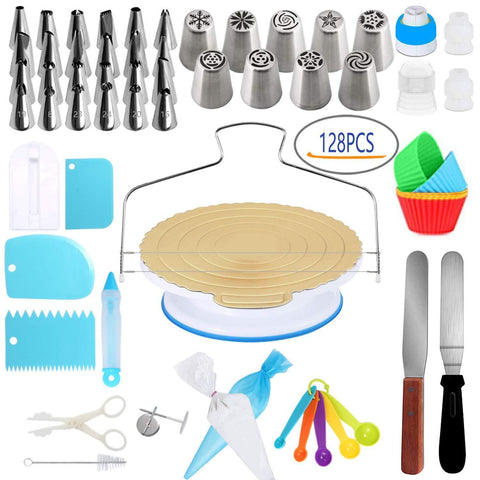 Cake Decorating Supplies Kit- 128 PCS Completed Decorating Set With Stands, Piping Tips, Pastry Bags,All-In-One Cake Decorating Set For Beginners And Professional