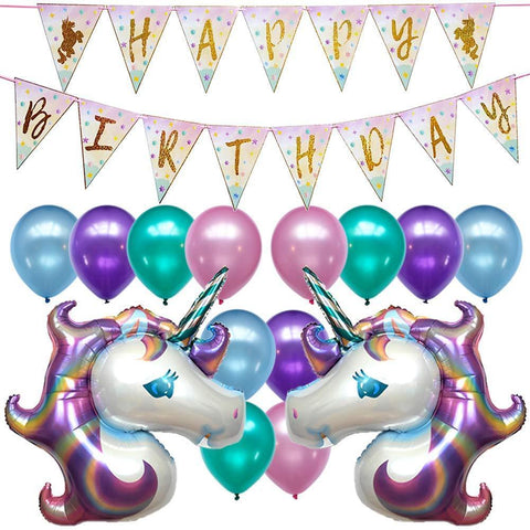 Unicorn Birthday Party Decorations Banner Decor Supplies Set Kit Favors | 2PC Foil Balloon | 12PC Helium Pastel Balloons w/Gold Ribbon | for Boy Girl 1st 2nd 3rd 10th 13th 20th | Sparkle Flag Glitter