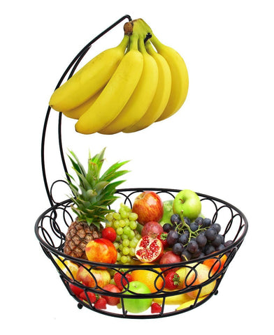 TQVAI Wire Fruit Basket Bowl with Banana Hook Hanger, Black