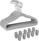 Finnhomy Non-Slip Clothes Hangers for Baby and Kids 30-Pack Velvet Hangers with 10 Finger Clips, Gray