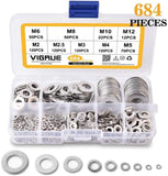 VIGRUE Black Zinc Plated Alloy Steel Flat Washers Set Washers Hardware Assortment 684 Pieces -9 Sizes M2 M2.5 M3 M4 M5 M6 M8 M10 M12