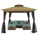 SUNLONO 10 x 10 Ft Outdoor Fabric/Steel Gazebo 2-Tiered Top Canopy with Mosquito Netting Screen Walls, Beige