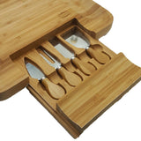 Bamboo Cheese Board & Cutlery Set with Slide-Out Drawer, 4 Stainless Steel Knife, Wood Platter & Serving Tray. Includes 3 Label & Chalk, Unique Gift Idea for Mom, Wedding Day, Engagement and Birthday