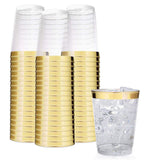 12 oz Gold Rimmed Plastic Cups-100 pack | Clear Disposable Cups with Golden Rims | Drinking Party Supplies | Glassware for Wedding Reception, Baby Shower, and Parties