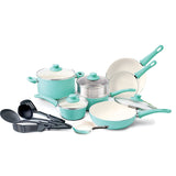 GreenLife Soft Grip 16pc Ceramic Non-Stick Cookware Set, Turquoise