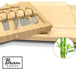 Home Perspective Extra Large Bamboo Cheese Board and Knife Set - Charcuterie Platter Tray Holds 6 Knives, 4 Forks and 2 Ceramic Cups with New Magnetic tray