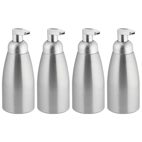 mDesign Modern Metal Foaming Soap Dispenser Pump Bottle for Kitchen Sink Countertop, Bathroom Vanity, Utility/Laundry Room, Garage - Save on Soap - Rust Free Aluminum - 4 Pack - Brushed/Silver