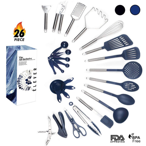 Kitchen Utensil Set - 26 Kitchen Gadgets & Cooking Utensils. Stainless Steel Kitchen Utensils for Nonstick Cookware Set. Spatula Set. Best Kitchen Tools Apartment Essentials Gifts for him - ÉLEVER