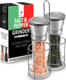 Benicci Salt & Pepper Grinder Set – 2 Tall 6 Oz Glass - 180 ml Spice and Sea Salt Shakers With BONUS Stand - Adjustable Coarseness Mills